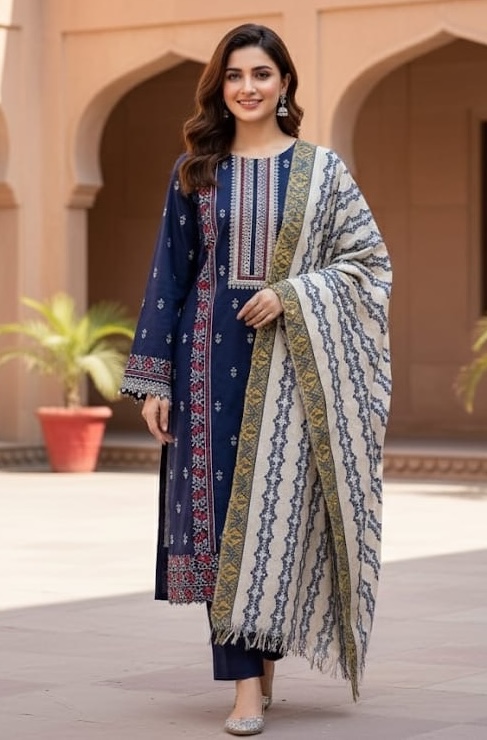 3 piece embroidered khaddar suit